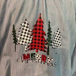 St. John's Bay Blue Button Down Christmas Shirt with Festive Tree Design